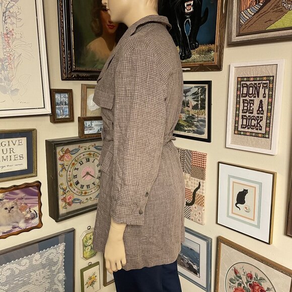 naivelinen Patchouli 13 100% Linen Brown Plaid Lady-Style Trench Coat Size 2X - Picture 2 of 7